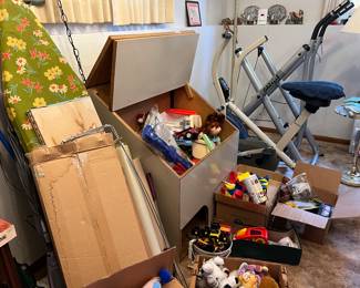 ironing boardm toys/toy box, exercise equipment
