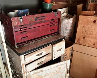 tool box, enamel top cupboard chippy paint