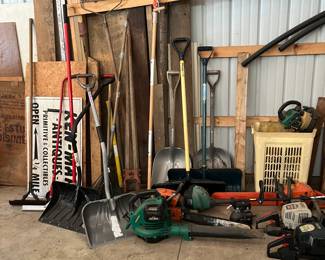 blowers, trimmers, edgers, shovels, chain saws, ice shanty