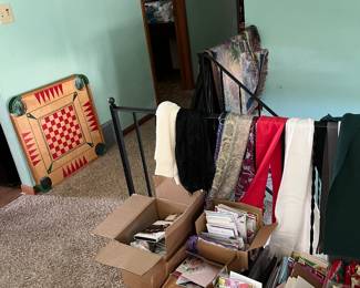 antique game board, scarves, greeting cards