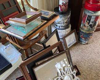 pic frames, tins, antique high chair