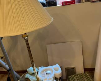 table lamp, bath clock and decor, stool