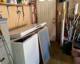 lawn/garden tools, chalk board, freezer