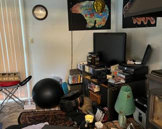 tv, movies, exercise ball, hanging lamp, vintage