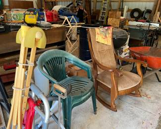 rocking chair, wheel barrow