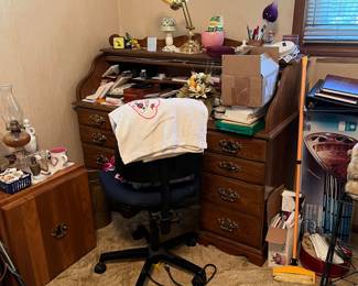 desk, chair, plant stands