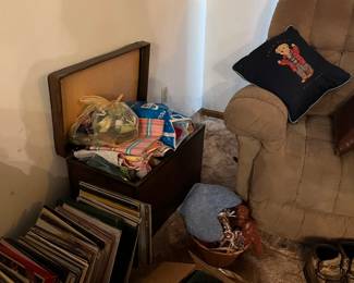albums, 33, 78, 45 rpm, recliner, blue canning jars