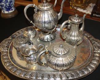 sterling silver tea set, Mexico repousse Sanborn's