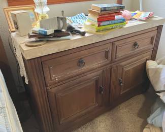 Drexel Heritage nightstands, matching bed, thick marble tops