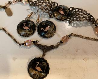 flamingo earrings, bracelet and necklace