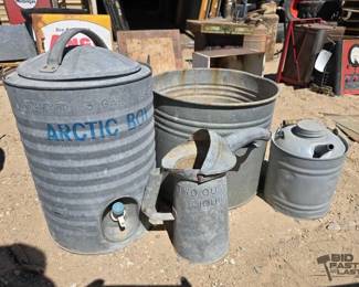1666 Galvanized Water Cooler, Pot, and 2 Pouring Cans