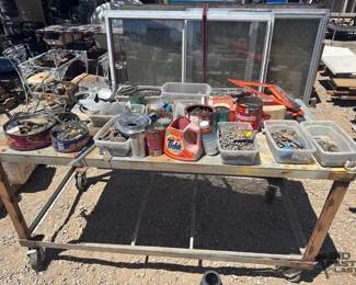 1078 Rolling Metal Work Bench, Fan, Bolts, Highway Warning Triangles, and More