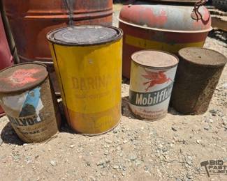 1644 3 Gas Cans, Mobilfluid ATF Tin, Shell Tin, and 2 Cardboard Oil Cans