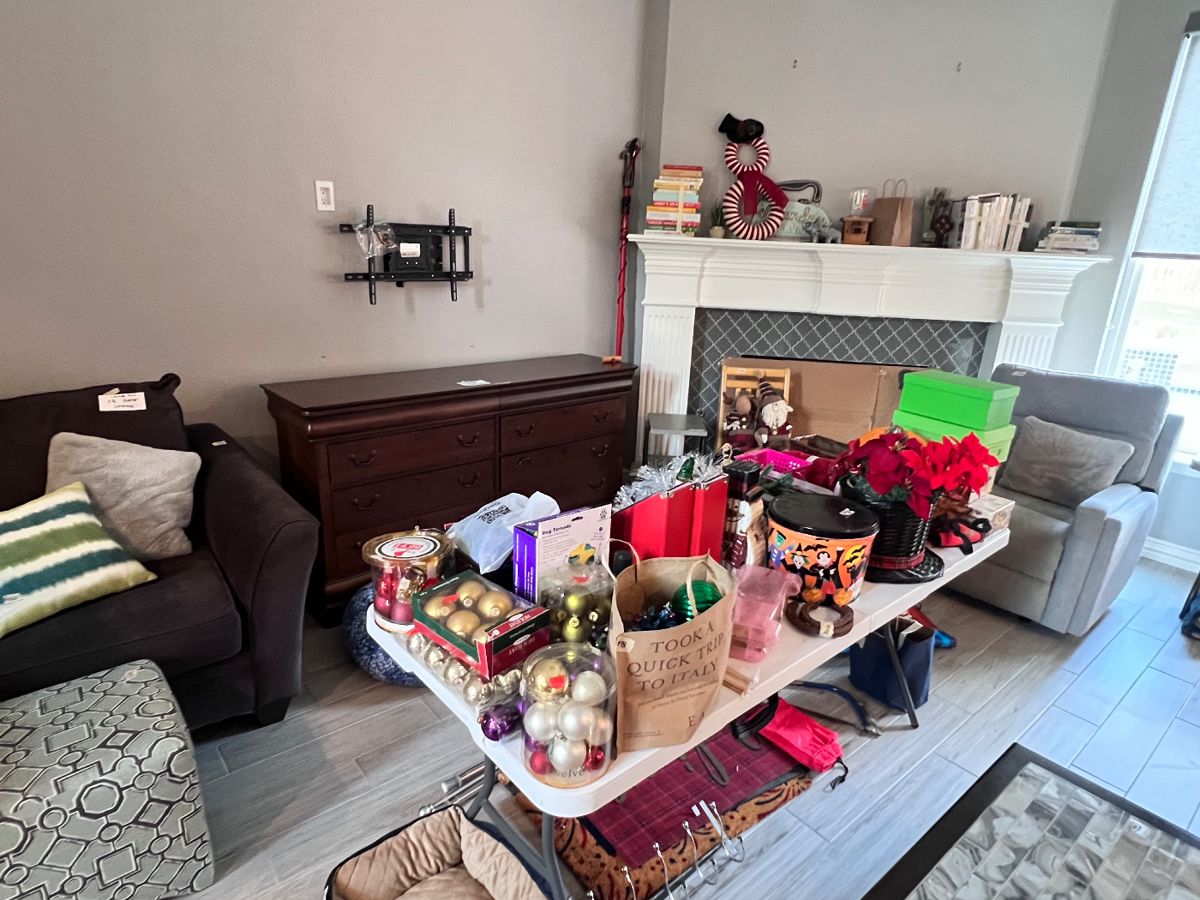 Dresser, Christmas decor, welcome mats, dog bed, ottoman