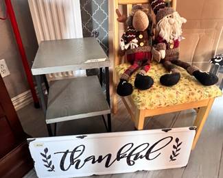 Thankful decor sign, shelf, chair, Christmas plush Santa and Reindeer