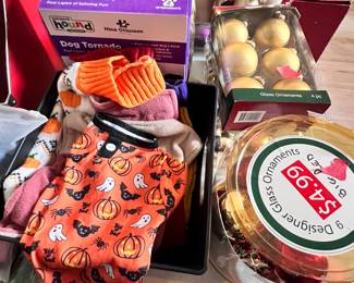 Small dog outfits and bow ties, collars and leashes, and toys, Christmas ornaments