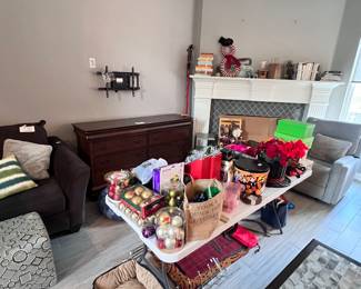 Dresser, Christmas decor, welcome mats, dog bed, ottoman