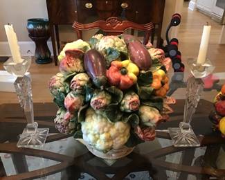 Beautiful detail on dining table Capodimonte fruit basket. Crystal. Candle sticks