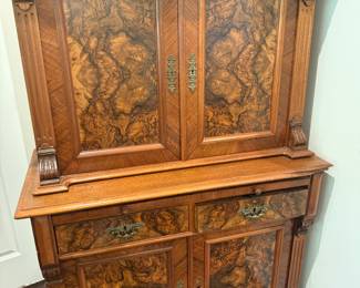 Antique Burled Walnut Cabinet from EAST Germany - two pieces - true one of a kind piece.