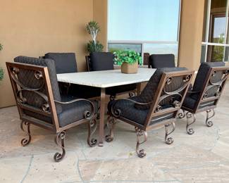 2 Single Lounge Chairs, 1 Double, 1 Large Table, 8 chairs, 2 side tables, all cushions included