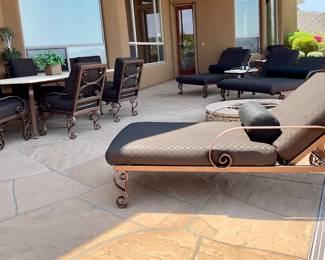 Wrought iron patio furniture set with scroll detail — includes 2 Single Lounge Chairs, 1 Double, 1 Large Stone-top Table, 8 chairs, 2 side tables, all cushions included.