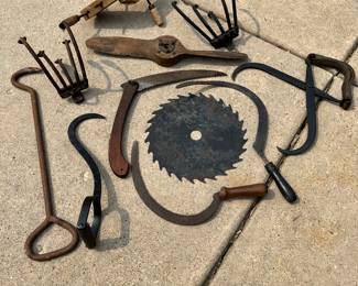 Primitives including: 20" wood airplane propeller, ice tongs, Jorgenson clamps, 5 prong cultivating tools, hand scythes and more...