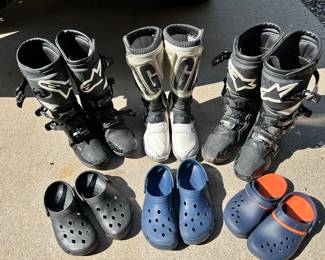 Top row - 3 Motocross boots - CLEAN !! Bottom row - 3 Classic Clog Crocks.