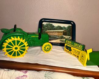 John Deere cookie jar, Coca-Cola tray couple more John Deere items