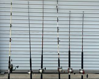 Fresh water fishing poles. from right to left. Two Penn 1134 reels. Penn Peer #9, Penn Peer Rig Master, Penn #209, Quantum XR6 Long Stroke.