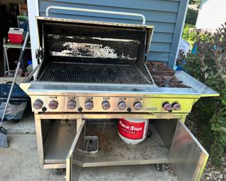 Open view of the Wolf propane grillshowing cooking area and the tank.