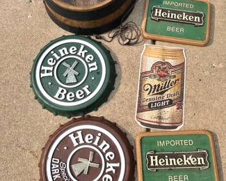 Lite Beer lighted and other beer wall hangers.