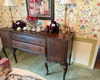 Beautiful side board, Vintage Royal Ruby Red pitcher with glasses (2sets) Collection of vintage cups and saucers 