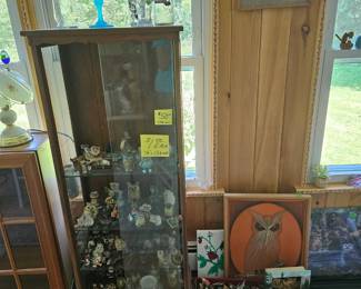CURIO CABINET WITH OWL FIGURINES