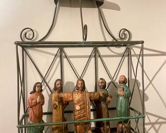 Fabulous Copper Hanging Shelf with Hand Carved Wooden Religious Figures