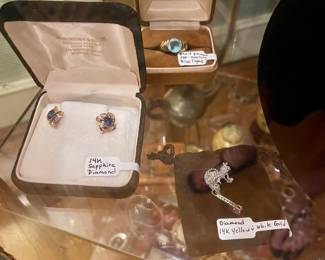 14k Sapphire and Diamond Earrings, David Yurman Ring