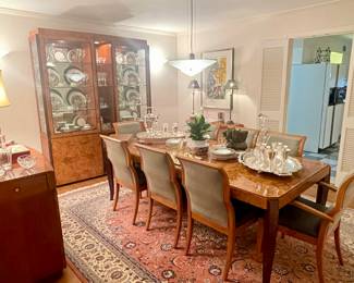 Contemporary Hickory White Dining Room Table & Chairs, Lighted Breakfront, and Server