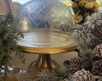Vintage Cake Pedestal with Carved Glass Dome