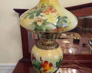 Electrified.. Light Green, Antique Gone with the Wind Kerosene Lamp, Later Electrified. 27" Tall,