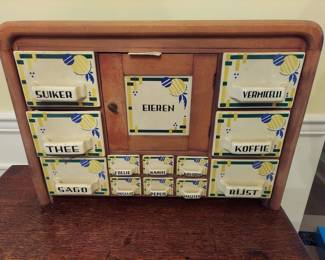 Antique Dutch Spice Wall Cabinet / Rack and Coffee Grinder, Ceramic bins, 25" Wide, 18" Tall, 7" Deep.
