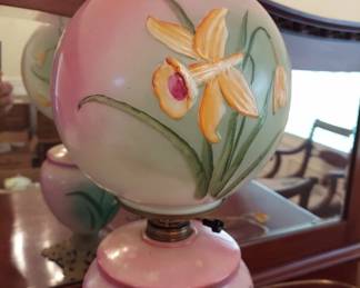 Electrified.. Pink Floral Design, Antique Gone with the Wind Kerosene Lamp, Later Electrified. 23" Tall,