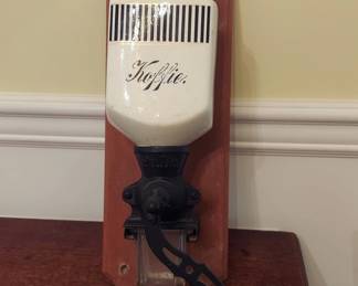 Antique Dutch Spice Wall Cabinet / Rack and Coffee Grinder, Ceramic bins, 25" Wide, 18" Tall, 7" Deep.