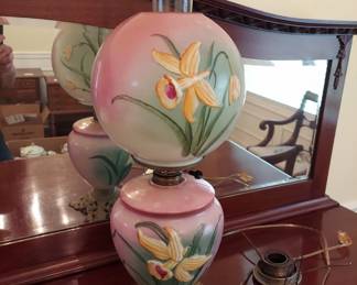 Electrified.. Pink Floral Design, Antique Gone with the Wind Kerosene Lamp, Later Electrified. 23" Tall,