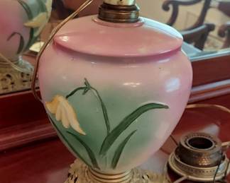 Electrified.. Pink Floral Design, Antique Gone with the Wind Kerosene Lamp, Later Electrified. 23" Tall,