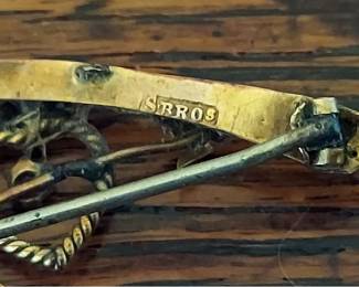 9K Gold Edwardian Wishbone Pin Birmingham England Hallmarked 1907 2.4g. Including small red stone