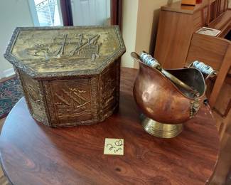 Copper Coal Hod, Brass Covered Wood Kindling Box (Hinges Loose)