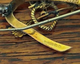 9K Gold Edwardian Wishbone Pin Birmingham England Hallmarked 1907 2.4g. Including small red stone