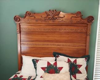 Antique Full Size Bed and Dresser. Headboard 57" Wide, 76" Tall, 78" Long, Dresser 39" W, 18" D, 30" T, 76" Tall including attached mirror.