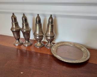 Sterling S&P Shakers, Sterling Silver Rimmed Plate. 2 Sets of Weighted Sterling S&P Shakers 5" Tall, Sterling Silver Rimmed Plate 5.75" diameter.