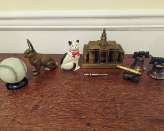 Vintage Coin Banks, Base Ball, Rabbit, Cat Cast Iron & More