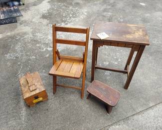 Vintage Folding Child's Chair, Stool, Table and Shoe Shine Box